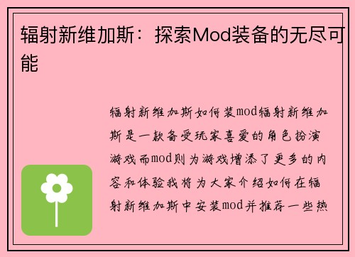 辐射新维加斯：探索Mod装备的无尽可能