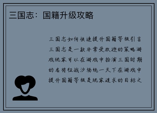 三国志：国籍升级攻略